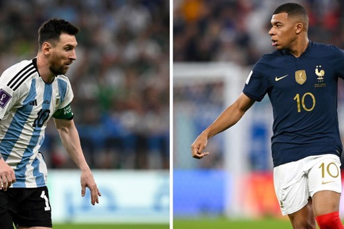Foto ini dibuat pada 15 Desember 2022 selama turnamen Piala Dunia 2022. Dalam foto ini terdapat penyerang Argentina, Lionel Messi, di Stadion Lusail pada 26 November 2022 (kiri) dan striker Perancis, Kylian Mbappe pada 26 November 2022. Argentina akan melawan Perancis dalam final Piala Dunia 2022. Laga Argentina vs Perancis dalam jadwal final Piala Dunia 2022 bakal bergulir di Stadion Lusail, Doha, Qatar, pada Minggu (18/12/2022) malam WIB. (Photo by Alfredo ESTRELLA and Paul ELLIS / AFP)