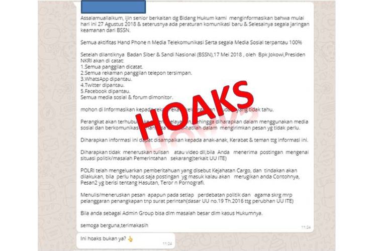 Hoaks yang menyebutkan jika telepon dan bermedia sosial disadap.