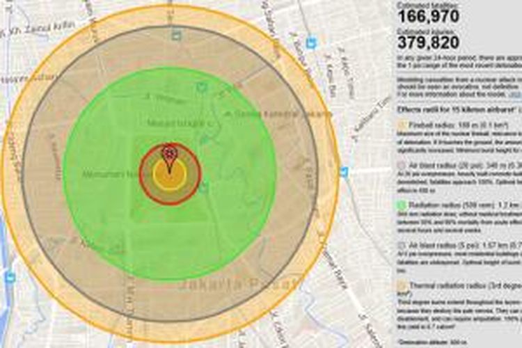 Ilustrasi wilayah terdampak bom jika bom atom dijatuh kan di Kawasan Monumen Nasional, Jakarta.