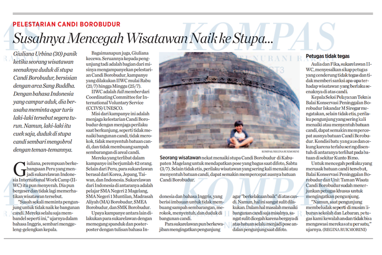 Tangkap layar artikel di halaman 1 harian Kompas edisi 27 Juli 2010 yang menyoroti perilaku turis di Candi Borobudur.