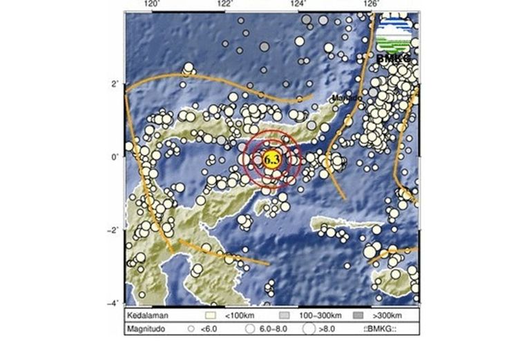 Gempa magnitudo 6.3 terkadi pada pukul 08.34 Wita pada lokasi 0,07 Lintang Selatan 123,28 Bujur Timur atau di 69 km Tenggara Kabupaten Bone Bolango pada kedalaman 138 km.