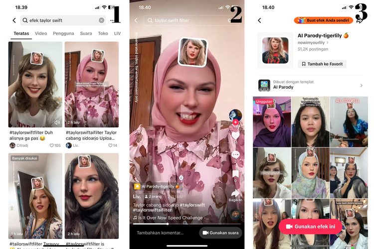 Ilustrasi cara pakai filter TikTok Taylor Swift