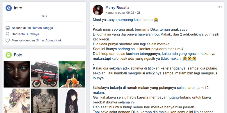 Kisah seorang ibu empat anak yang menderita kanker payudara stadium 4 di Surabaya viral di media sosial dalam dua hari terakhir.