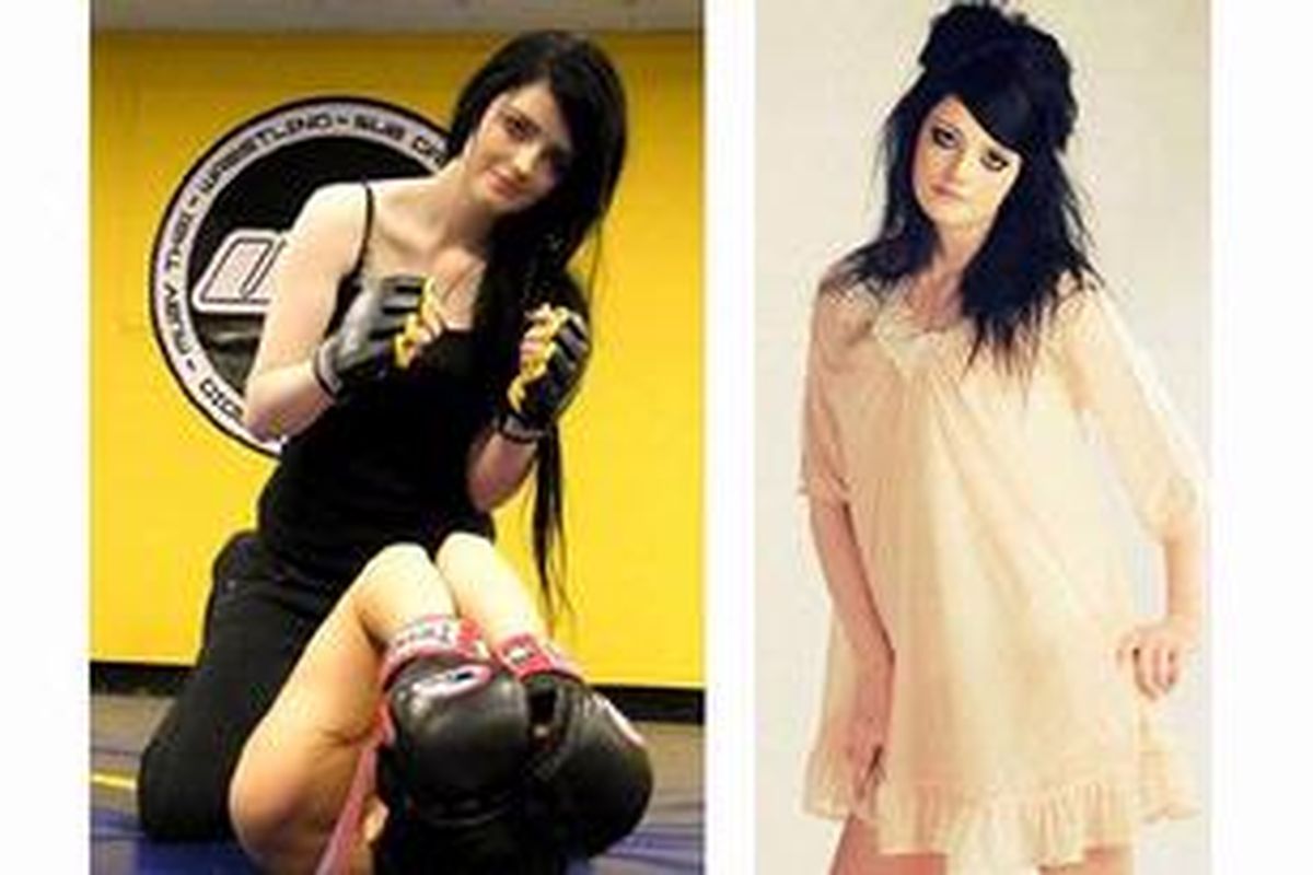 Chloe Adcock dalam dua aksi. (kiri): sedang latihan kick boxing dan (kanan): ikut kontes kecantikan.