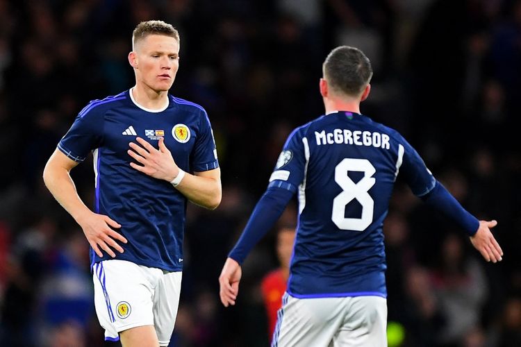 Scott McTominay mencetak brace ketika Skotlandia menang 2-0 atas Spanyol pada laga Grup A Kualifikasi Euro 2024 di Hampden Park, Glasgow, Rabu (29/3/2023) dini hari WIB.