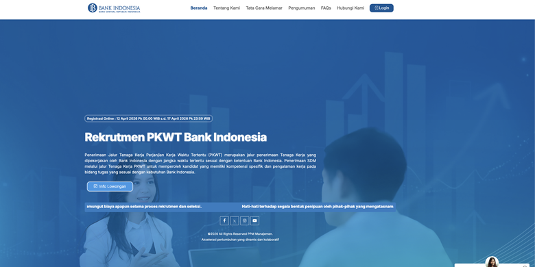 Tangkapan layar laman resmi rekrutmen PKWT Bank Indonesia 2026. Cara daftar rekrutmen PKWT Bank Indonesia 2026.