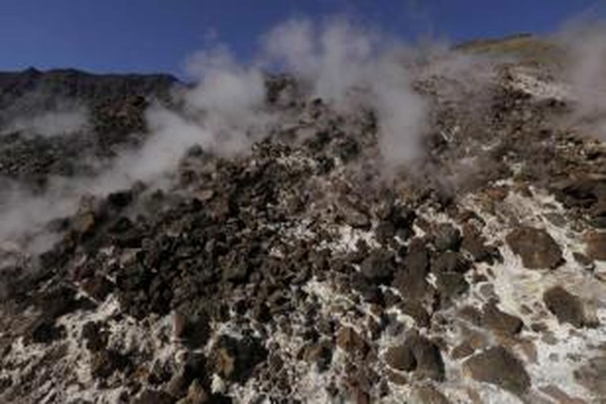 Asap solfatara keluar dari Doro Afi Toi atau gunung api kecil yang tumbuh di dasar kaldera Gunung Tambora di Dompu, Nusa Tenggara Barat, 25 Agustus 2014. Gunung Tambora meletus dahsyat pada 10 April 1815 menyisakan kaldera seluas 7 kilometer dengan kedalaman 1 kilometer.