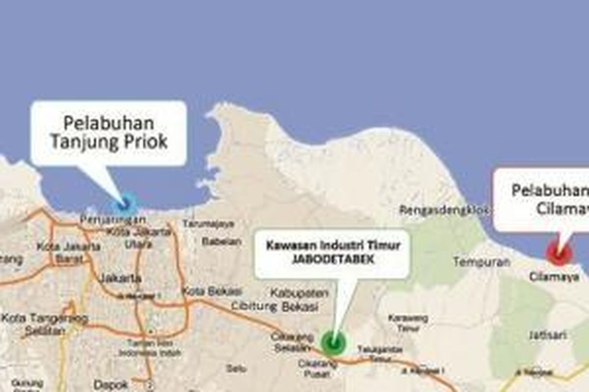 Rencana lokasi pelabuhan Cilamaya sebagai penyokong kegiatan industri.