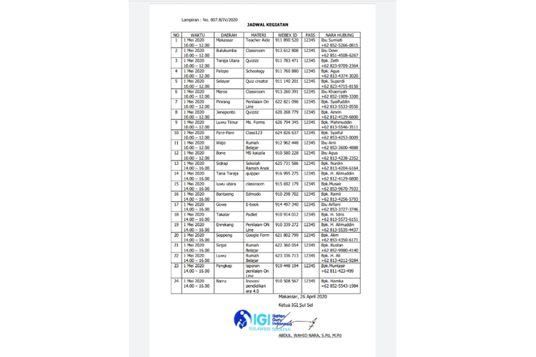 Jadwal pelatihan IGI.