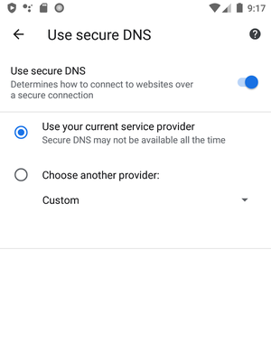 Fitur Secure DNS di peramban Chrome versi Android.