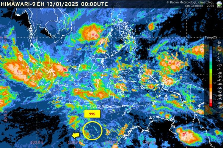 Kemunculan bibit siklon tropis 99S di Samudera Hindia, Senin (13/1/2025).