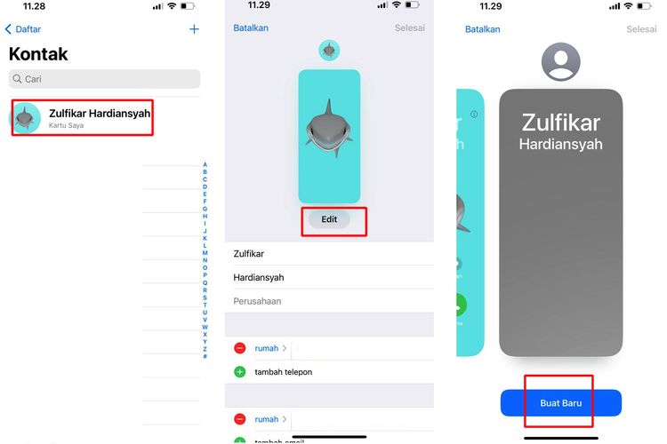 Ilustrasi cara membuat kartu nama untuk dibagikan via NameDrop di iPhone iOS 17.