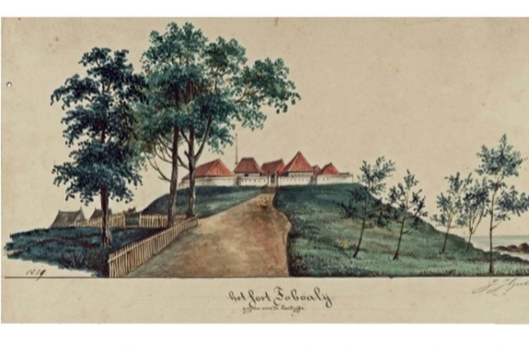 Gambar benteng Toboali di Bangka Selatan bertahun 1859 yang tersimpan di Leiden University, Belanda.