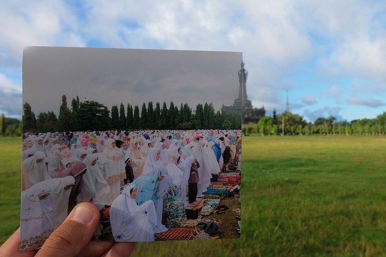 Perbandingan suasana Idul Fitri tahun 2019 dengan tahun 2020 yang sepi aktivitas di Lapangan Puputan Margarana, Renon, Denpasar, Bali, Minggu (24/5/2020). Shalat Idul Fitri 1441 H di ruang publik di Bali untuk tahun ini ditiadakan dan umat Islam melakukannya di rumah masing-masing dalam upaya memutus rantai penyebaran COVID-19. ANTARA FOTO/Nyoman Hendra Wibowo/nym/foc.


