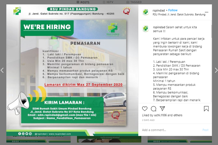 Tangkapan layar informasi lowongan pekerjaan di posisi Pemasaran di Rumah Sakit Umum (RSU) Pindad, Bandung.