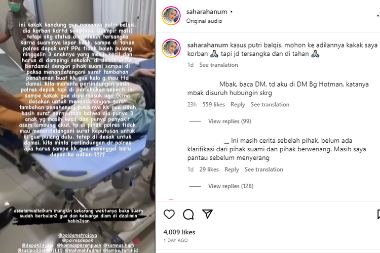 Tangkapan layar unggahan soal kasus KDRT di Depok, Jawa Barat yang menimpa Putri Balqis