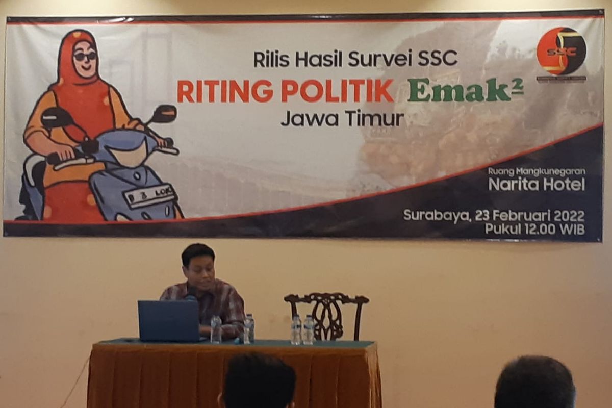 Konfrensi pers hasil survei SSC tentang sikap politik Emak-Emak Jatim jelang Pemilu 2024, Rabu (23/2/2022) di Surabaya.