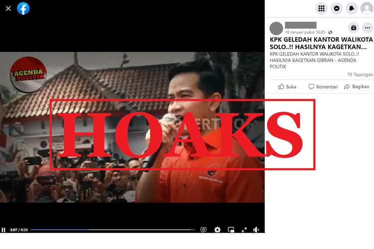Tangkapan layar unggahan dengan narasi hoaks di sebuah akun Facebook, Rabu (18/1/2023), soal video KPK menggeledah kantor Walikota Solo.