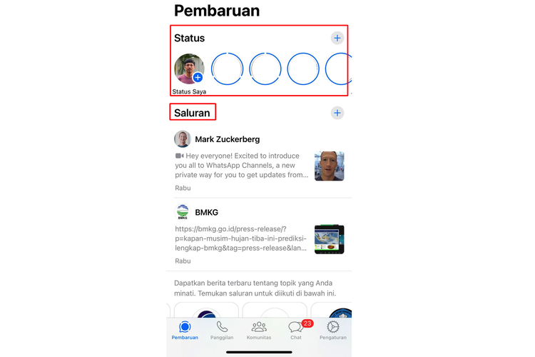 Tampilan daftar status WhatsApp yang berubah jadi hroizontal mirip IG Story karena terdapat menu Saluran.