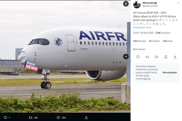 Tangkap layar foto pesawat Air France A350 kembali mendarat di Bandara Osaka Kansai usai rusak tertabrak burung.