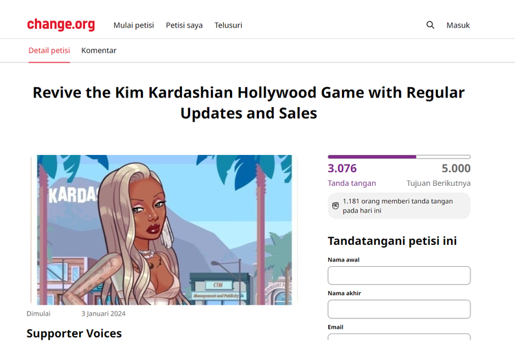 Petisi untuk menghidupkan kembali game Kim Kardashian: Hollywood ditandatangani oleh 3.076 pengguna