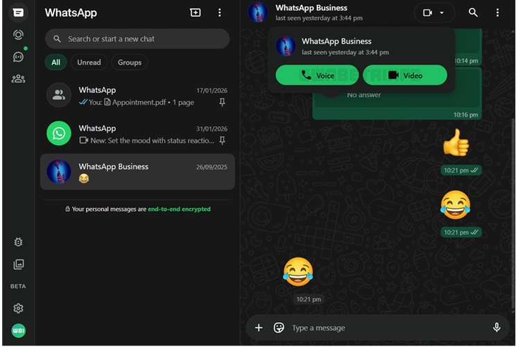 Tampilan fitur telepon dan video call di WhatsApp web