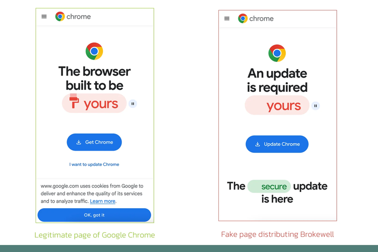 Gambar laman pembaruan Google Chrome yang asli (kiri) dan yang palsu (kanan)