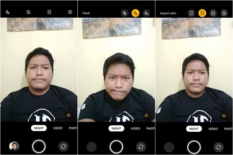 Cara menggunakan fitur Flash dan mengganti aspek rasio di mode kamera selfie Oppo Reno 8 4G.