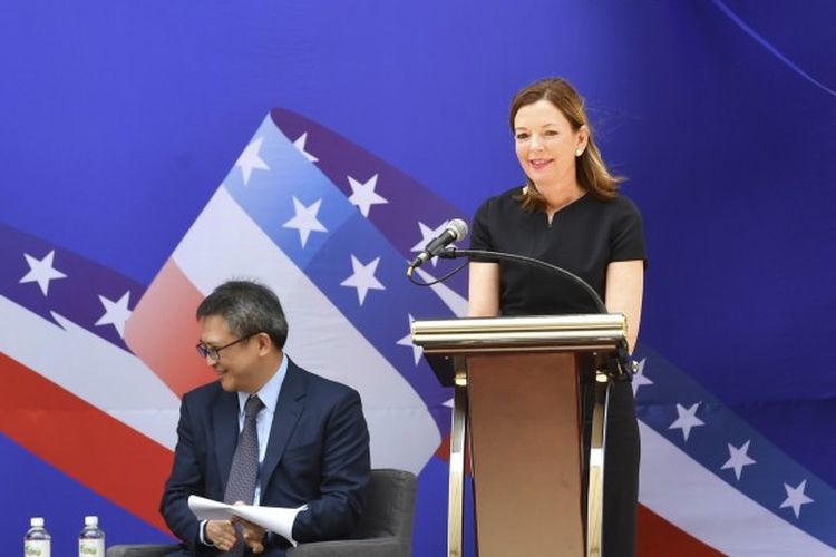 Menteri Pendidikan dan Kebudayaan, Marie Royce saat memberikan sambutan dalam peresmian gedung  sat peresmian gedung perwakilan AS di Taiwan, Selasa (12/6/2018).