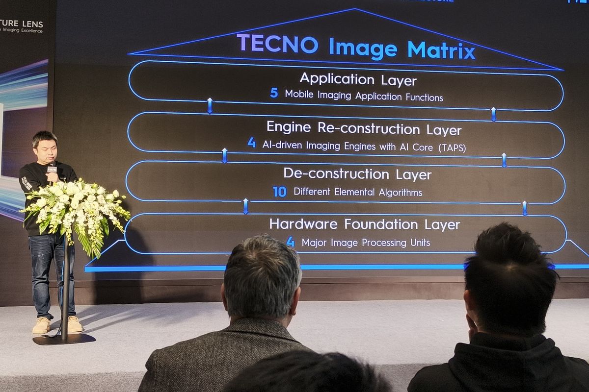 Director Tecno Image R&D Center, Xiaohan Huang menjelaskan, De-construction Layer merupakan teknologi untuk memanipulasi atau mempercantik foto, dan Hardware Foundation Layer merupakan teknologi pendukung yang ada dalam sensor, lensa, atau kamera