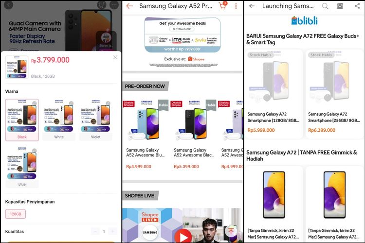 Kanal pemesanan Galaxy A32 di Lazada, Galaxy A52 di Shopee, dan Galaxy A72 di Blibli.