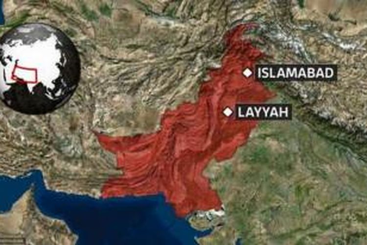 Peta yang menunjukkan lokasi kasus perkosaan dan pembunuhan seorang perempuan muda di distrik Layyah, Provinsi Punjab, Pakistan.