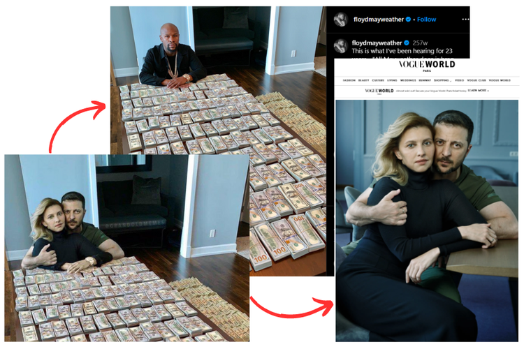 Perbandingan foto hasil suntingan dari dua foto berbeda, memanipulasi Zelensky dan istrinya seolah berpose di atas tumpukan uang.