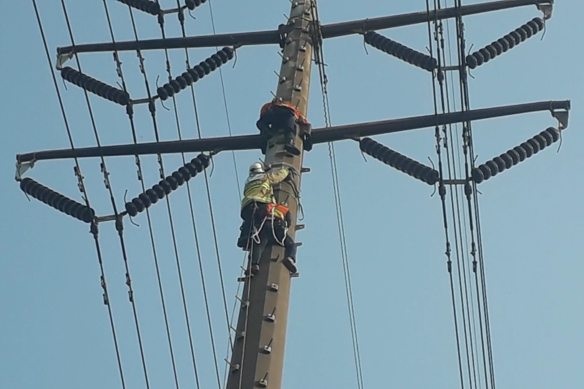 Petugas pemadam kebakaran berupaya mengevakuasi seorang teknisi PLN yang tersangkut di menara SUTET di Jalan Cipinang Jaya, Kamis (20/6/2019).