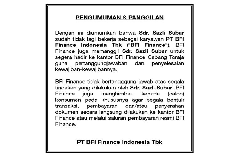 Pengumuman PT BFI Finance Indonesia Tbk. 