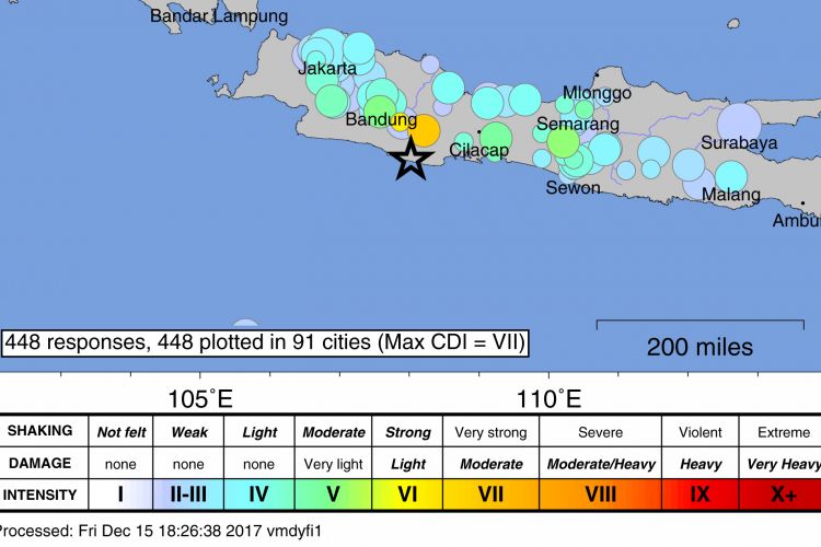 Peta gempa Tasikmalaya dan pengaruhnya di wilayah sekitar, Jumat (15/12/017) tengah malam.