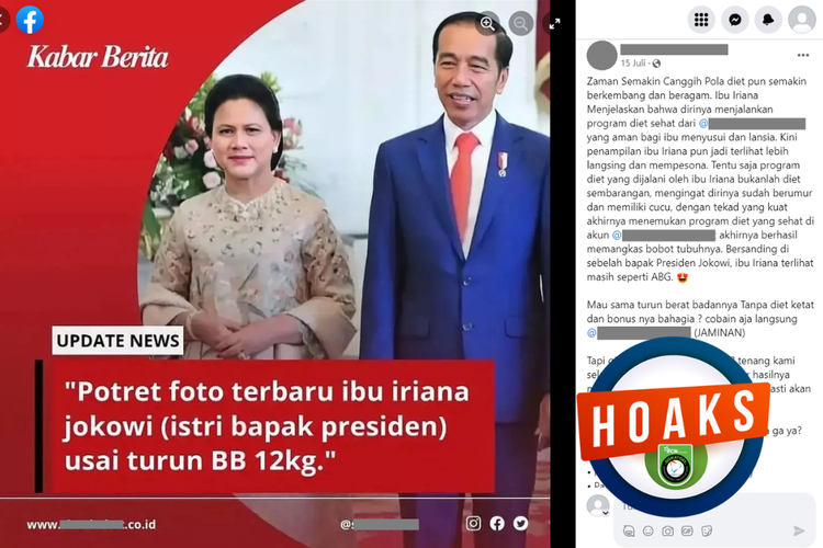 Tangkapan layar unggahan dengan narasi hoaks di sebuah akun Facebook, 15 Juli 2023, yang memakai foto Iriana Jokowi yang mempromosikan program diet.