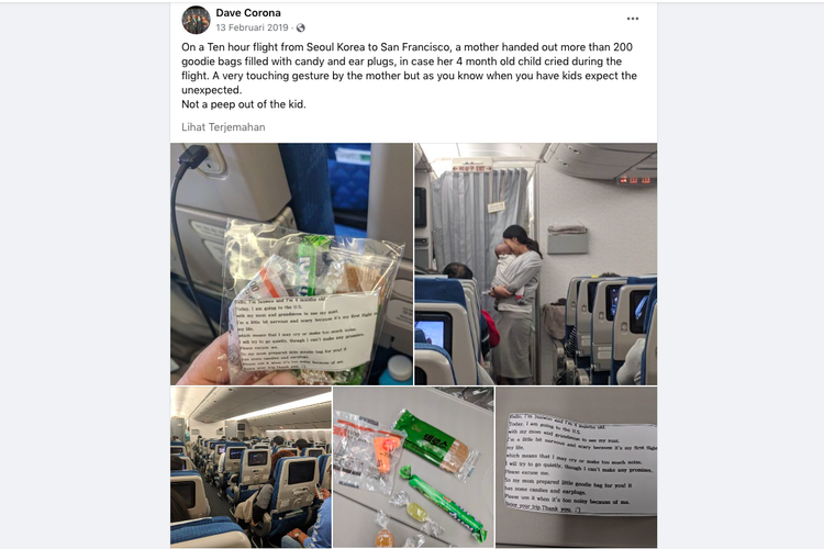 Tangkapan layar unggahan Dave Corona mengenai seorang ibu yang bagikan 200 permen di pesawat karena khawatir anaknya yang berusia 4 bulan menggangu penumpang lain