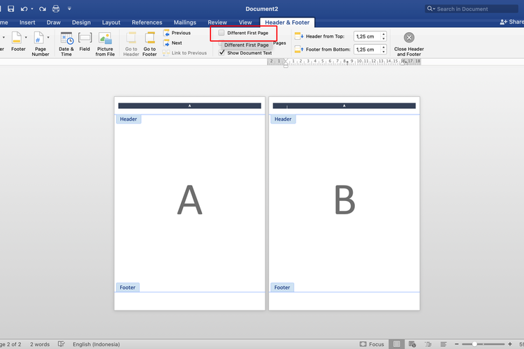 Ilustrasi cara menghilangkan header di halaman kedua dengan opsi ?Different First Page?