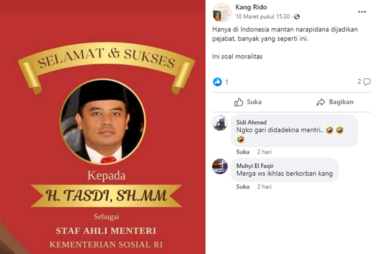 Tangkapan layar unggahan bingkai foto ucapan yang menampilkan foto Tasdi dituliskan diangkat sebagai staf ahli Menteri Sosial (Mensos) Tri Rismaharini.