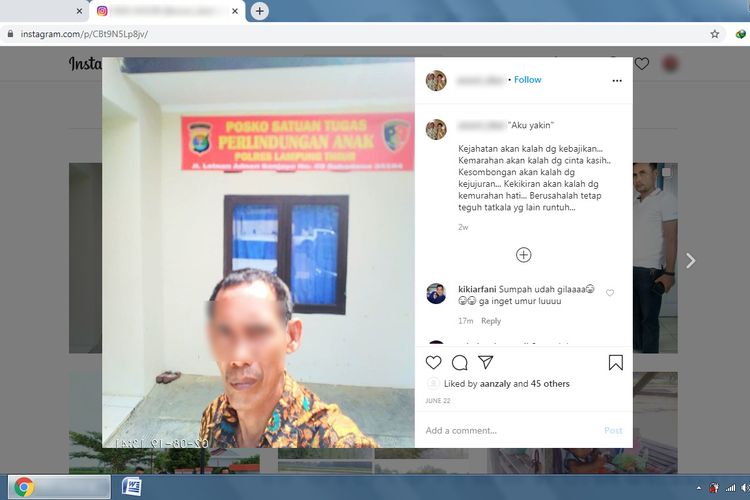 Akun IG yang diduga milik petugas P2TP2A, DA, tersangka pencabulan atas NF (13). (FOTO: Layar tangkap/Instagram)