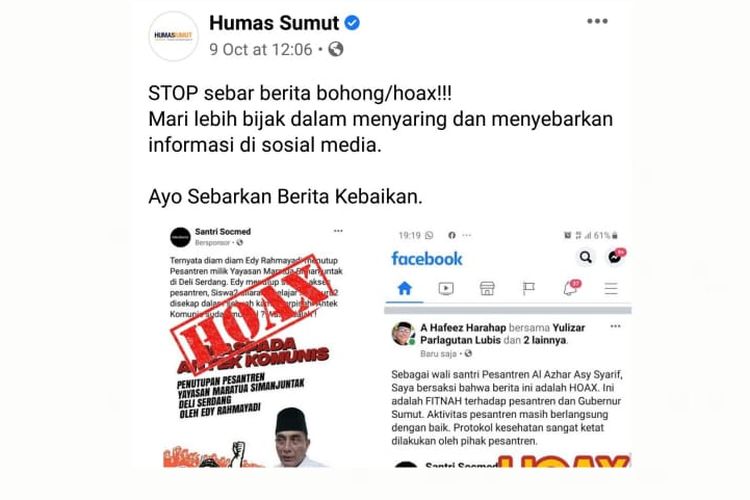 Humas Sumut menyebut hoaks informasi soal Gubernur Sumatera Utara Edy Rahmayadi menutup pesantren Yayasan Maratua Simanjutak di Deli Serdang.