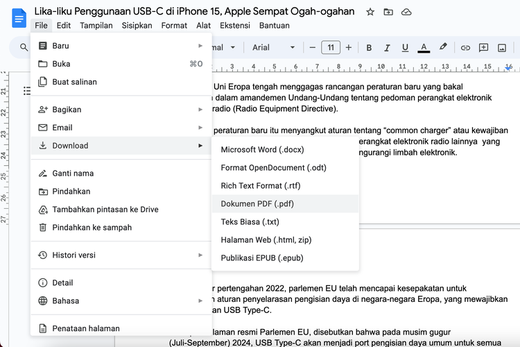 Ilustrasi cara mengubah Word ke PDF melalui Google Docs.