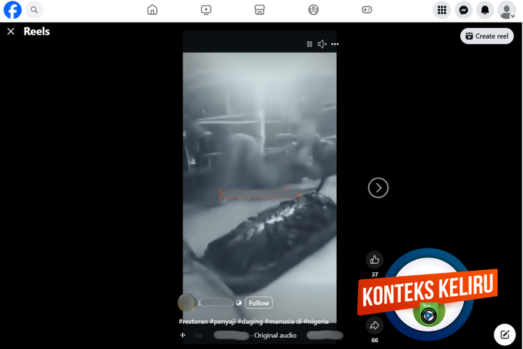 Tangkapan layar konten dengan konteks keliru di sebuah akun Facebook, 26 Maret 2024, mengenai restoran di Nigeria menyajikan daging manusia.