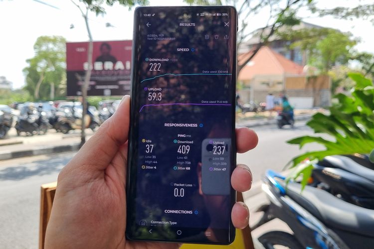 Kecepatan internet hasil uji jaringan 5G Telkomsel di Bali, Jumat (23/8/2024), menggunakan perangkat Vivo X Fold 3 Pro dengan kartu prabayar Telkomsel By.u.
