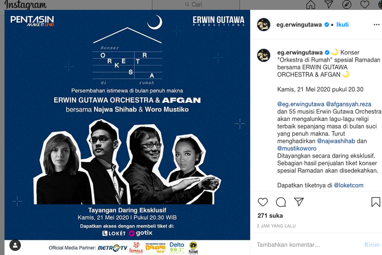 Erwin Gutawa gandeng Afgan menggelar konser Orkestra di Rumah spesial Ramadhan yang bisa disaksikan online pada 21 Mei 2020
