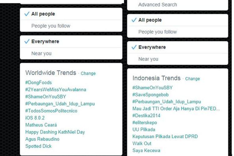 Hashtag #ShameOnYouSBY ramai di Twitter sebagai bentuk kekecewaan netizens Indonesia terhadap hasil keputusan pembahasan RUU Pilkada di DPR, Jumat (26/9/2014).