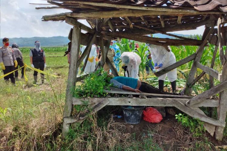 Suasana evakuasi tewasnya mandor Perhutani di sebuah gubuk pinggir sawah yang biasa dipakai berteduh petani di Dusun Welahan, Desa Lebak, Kecamatan Grobogan, Kabupaten Grobogan, Jawa Tengah, Kamis (23/4/2020).