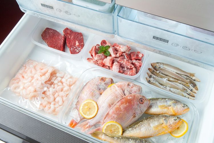 Ilustrasi menyimpan daging dan ikan di kulkas.