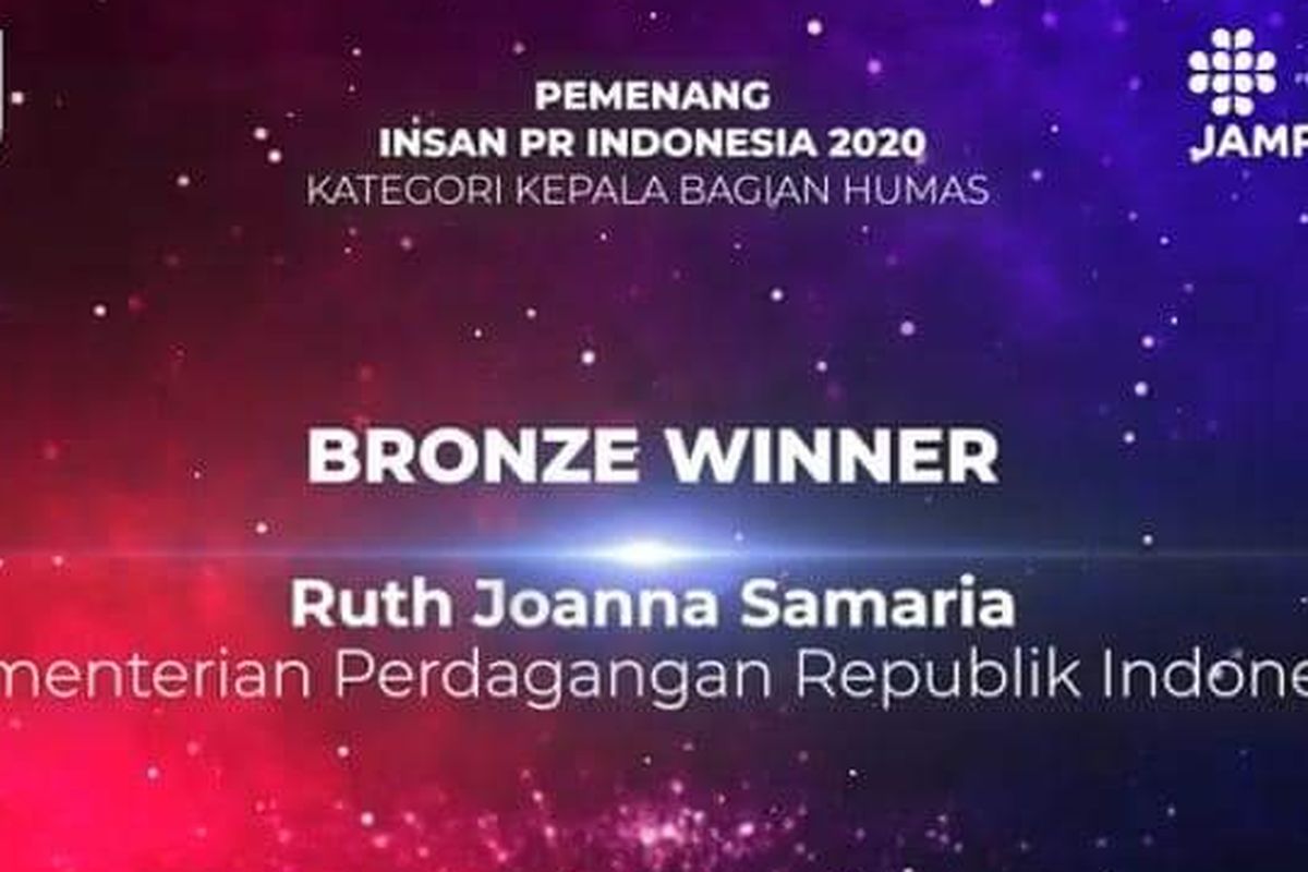 Pranata Humas Ahli Madya, Biro Humas Kemendag Ruth Joanna Samaria mendapatkan PR Award sebagai Insan PR Indonesia 2020 oleh Majalah PR Indonesia.